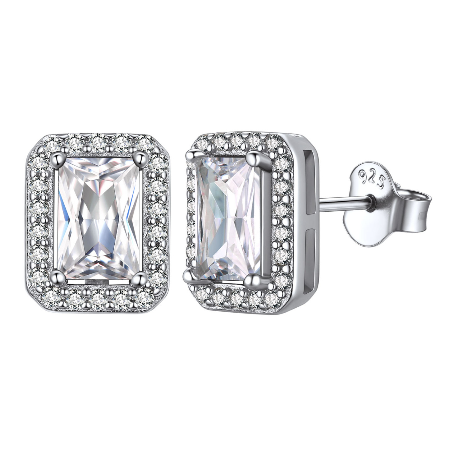 Birthstone Square Halo Sterling Silver Earrings for Women April-Diamond