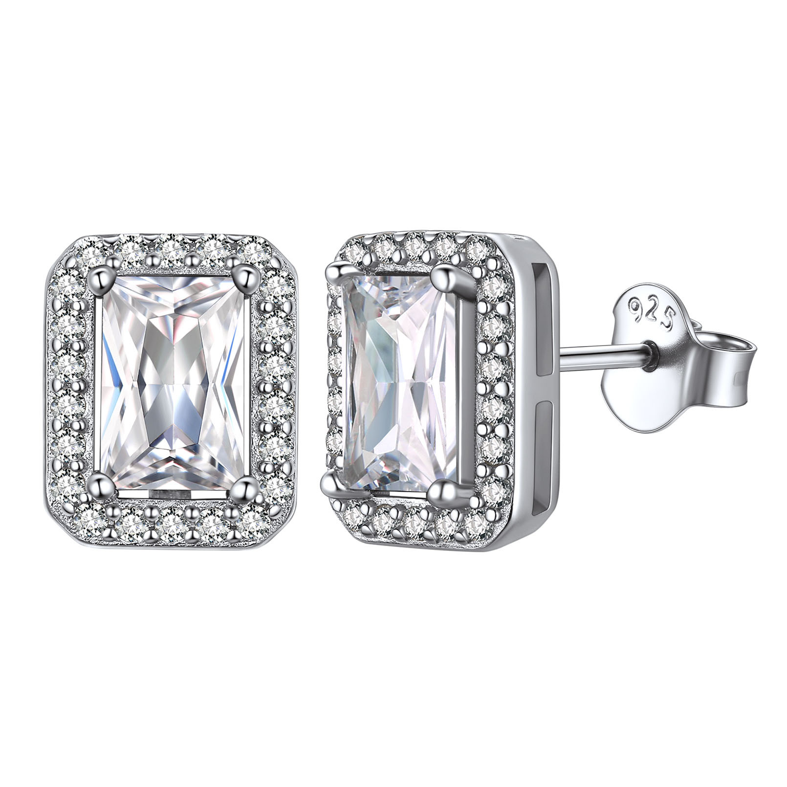 Birthstone Square Halo Sterling Silver Earrings for Women April-Diamond
