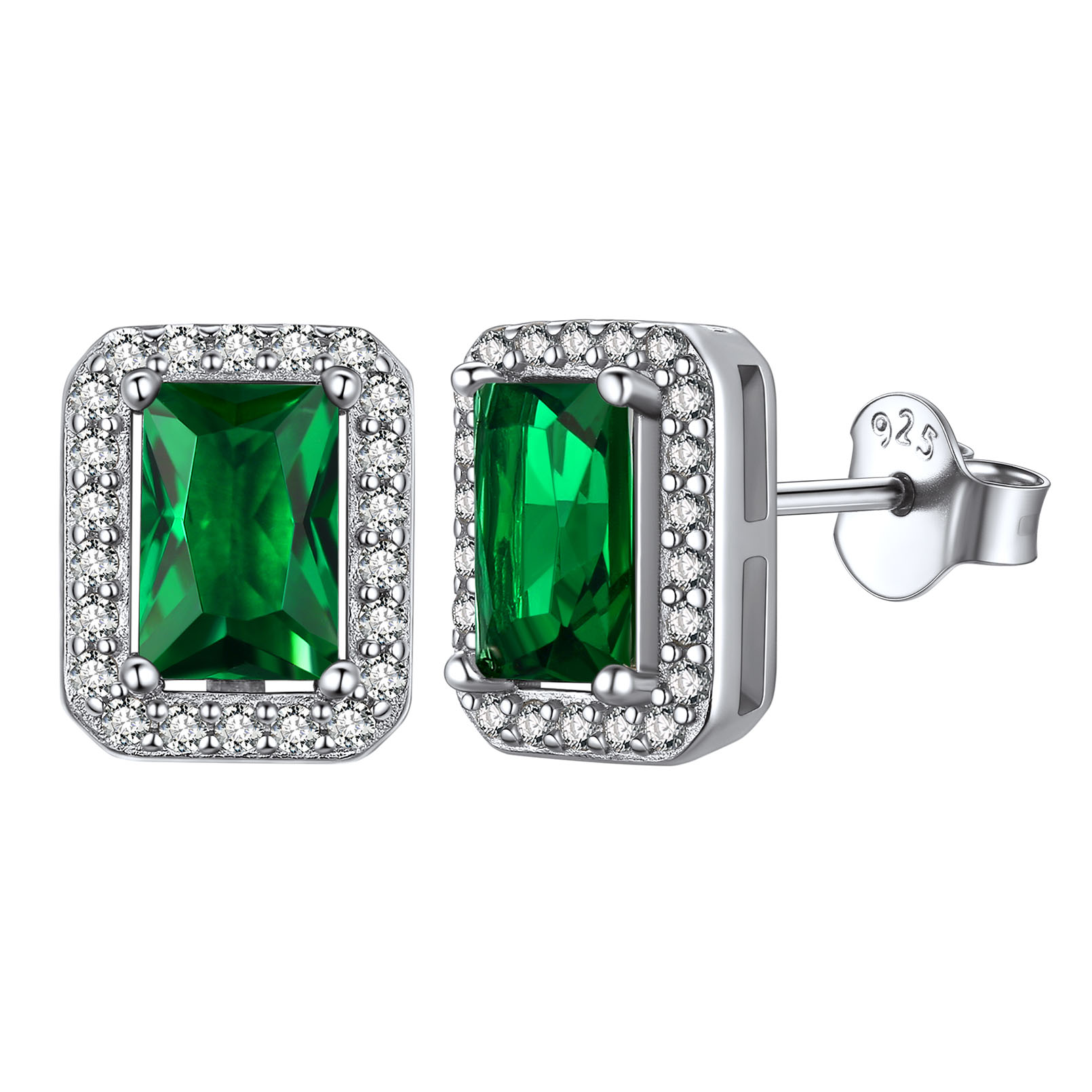 Birthstone Square Halo Sterling Silver Earrings for Women May-Emerald