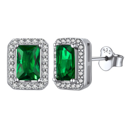 Birthstone Square Halo Sterling Silver Earrings for Women May-Emerald