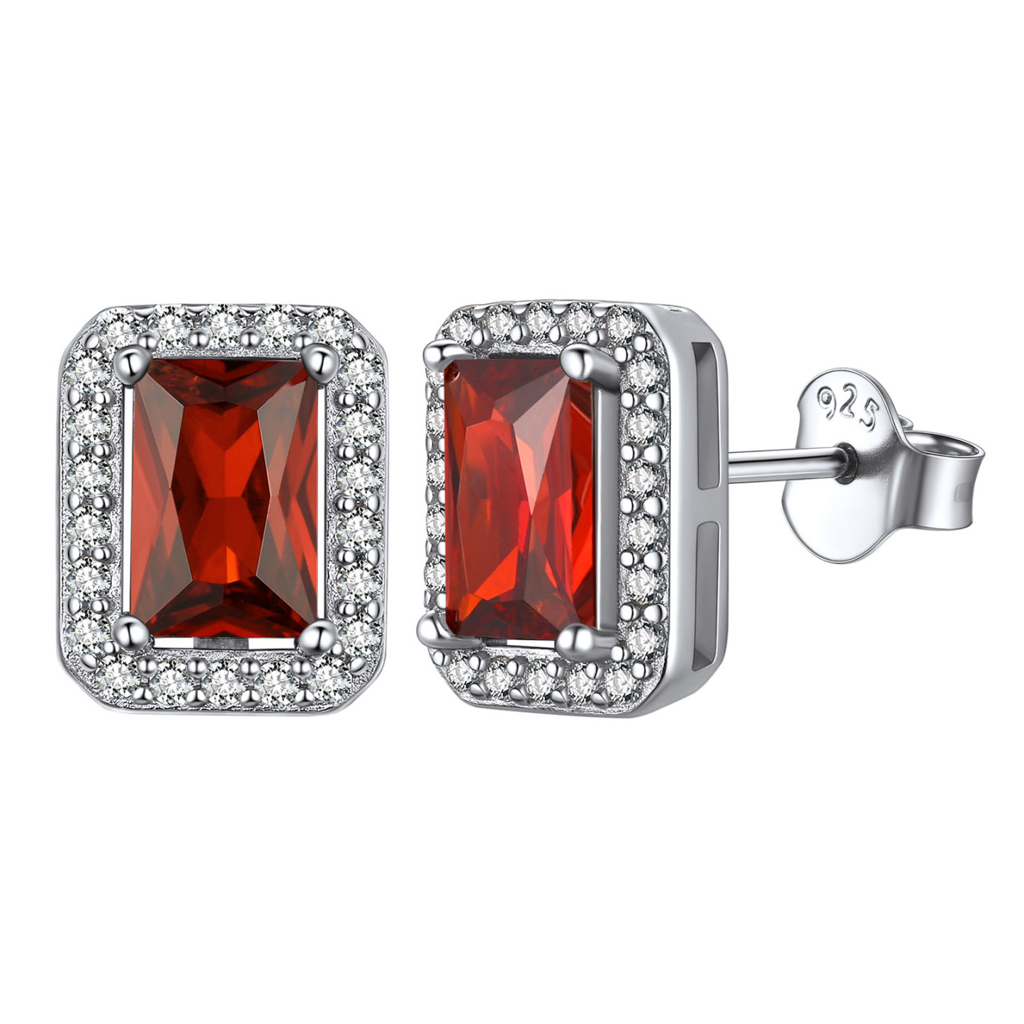 Birthstone Square Halo Sterling Silver Earrings for Women July-Ruby