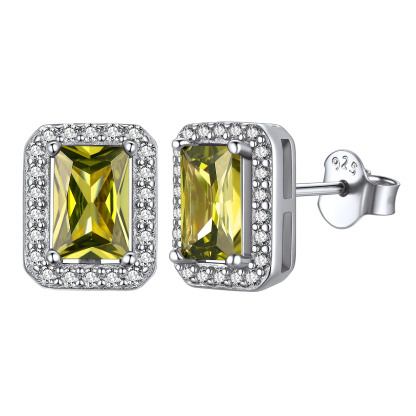 Birthstone Square Halo Sterling Silver Earrings for Women August-Peridot