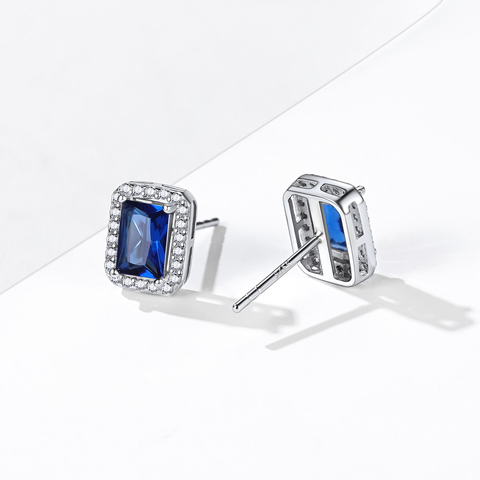 Birthstone Square Halo Sterling Silver Earrings blue