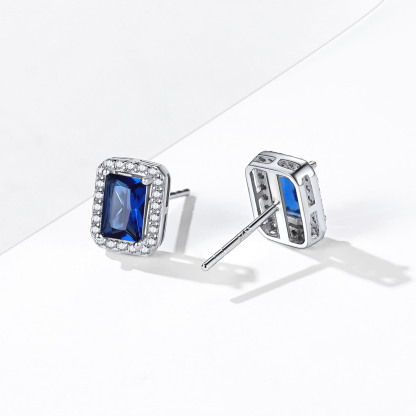 Birthstone Square Halo Sterling Silver Earrings blue