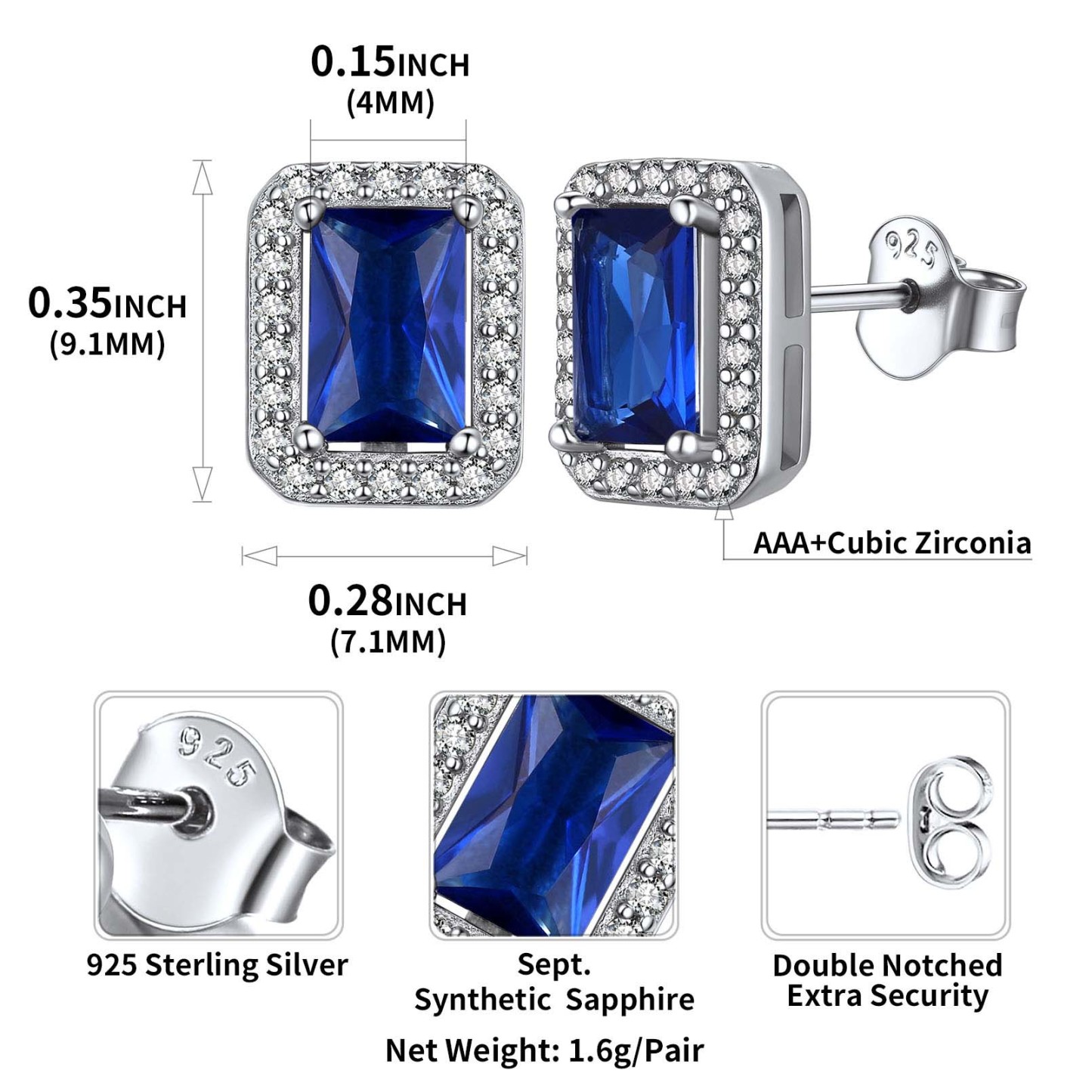 Birthstone Square Halo Sterling Silver Earrings detail