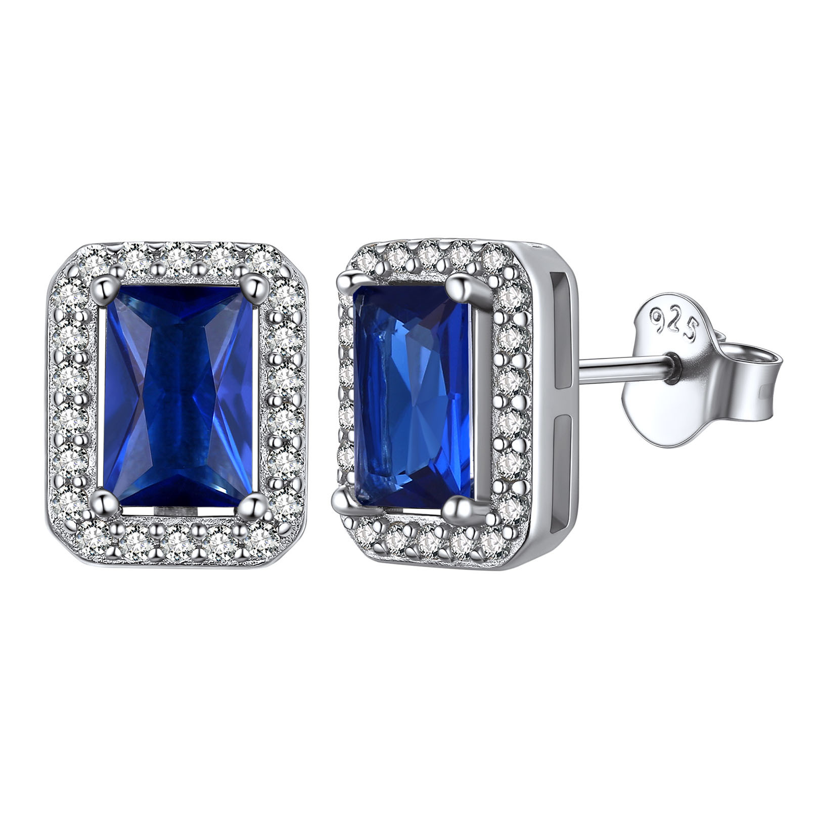 Birthstone Square Halo Sterling Silver Earrings for Women September-Sapphire