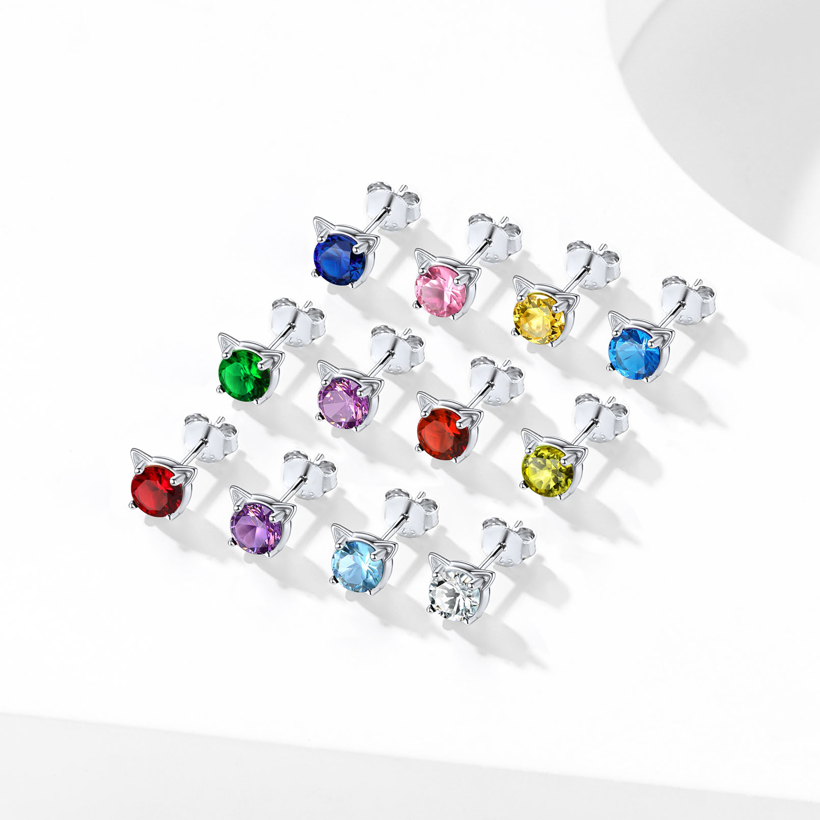 Birthstone 925 Sterling Silver Cat Stud Earrings Women color