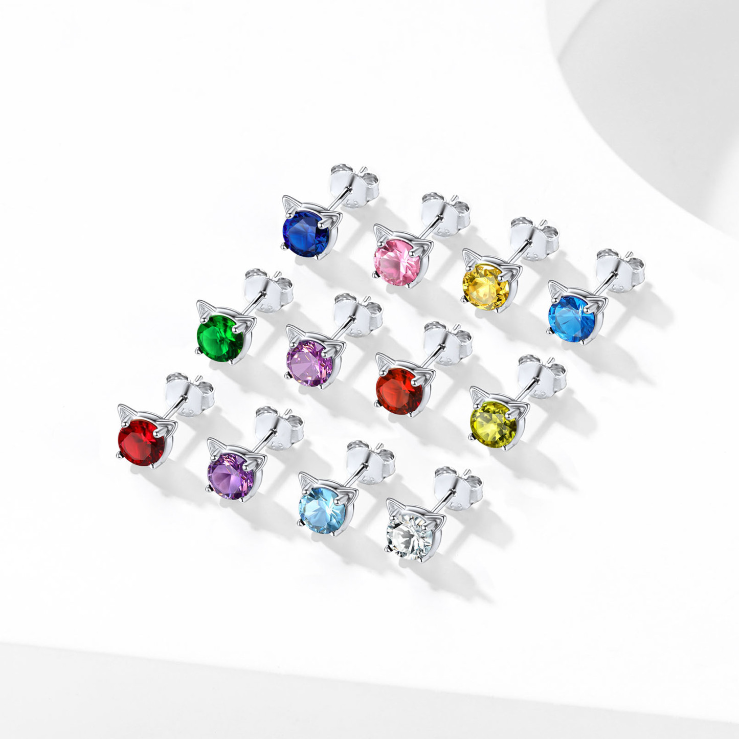 Birthstone 925 Sterling Silver Cat Stud Earrings Women color