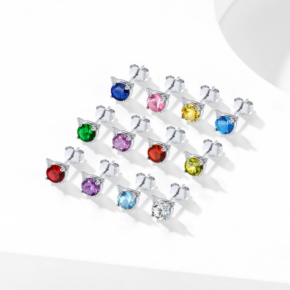 Birthstone 925 Sterling Silver Cat Stud Earrings Women color