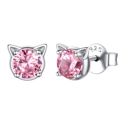 Birthstone 925 Sterling Silver Cat Stud Earrings Women Oct