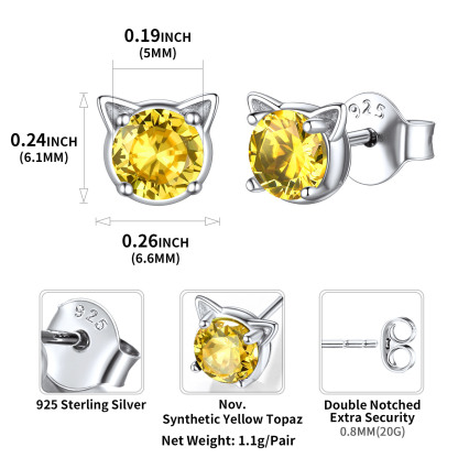 Birthstone 925 Sterling Silver Cat Stud Earrings Women size
