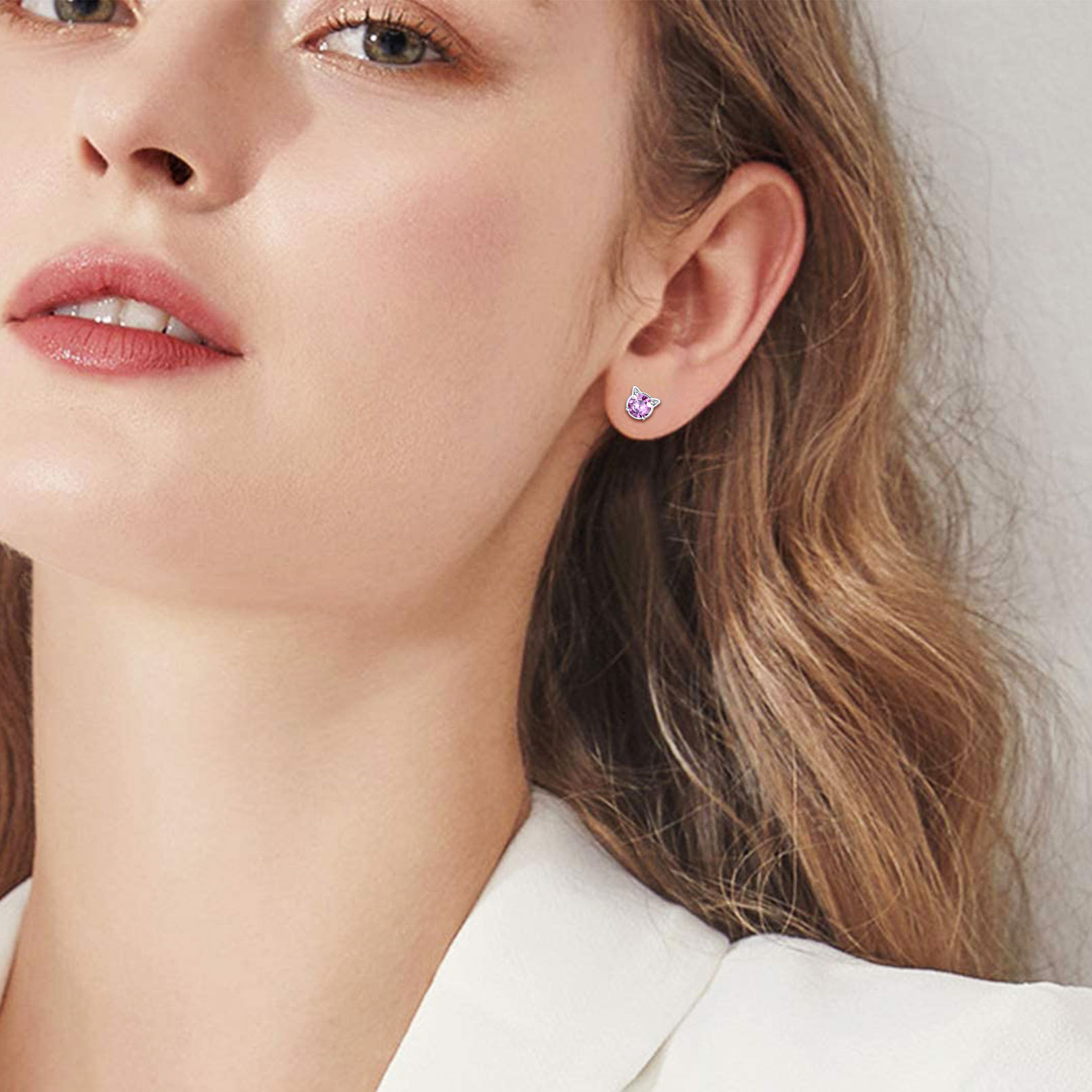 Birthstone 925 Sterling Silver Cat Stud Earrings Women model