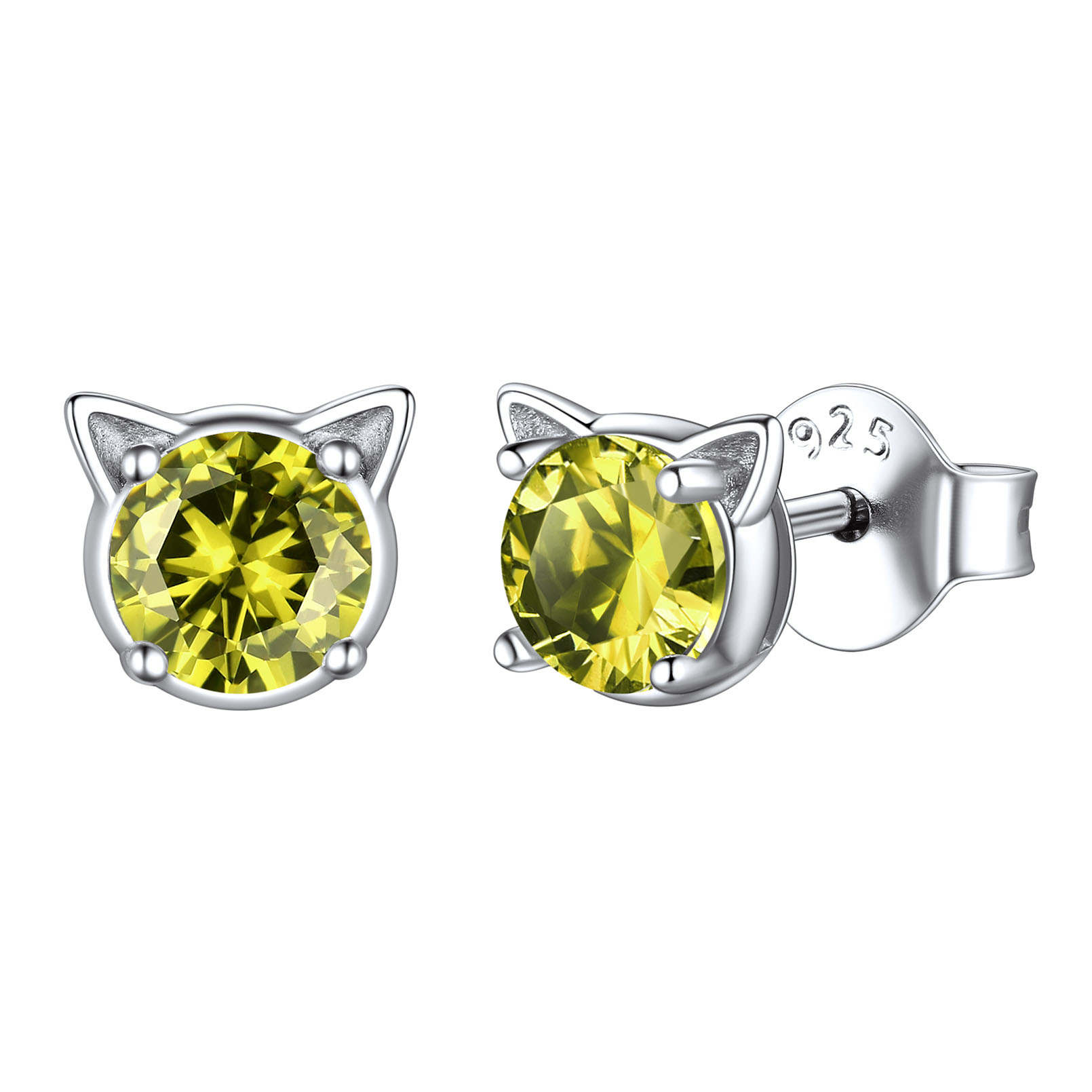 Birthstone 925 Sterling Silver Cat Stud Earrings Women Aug