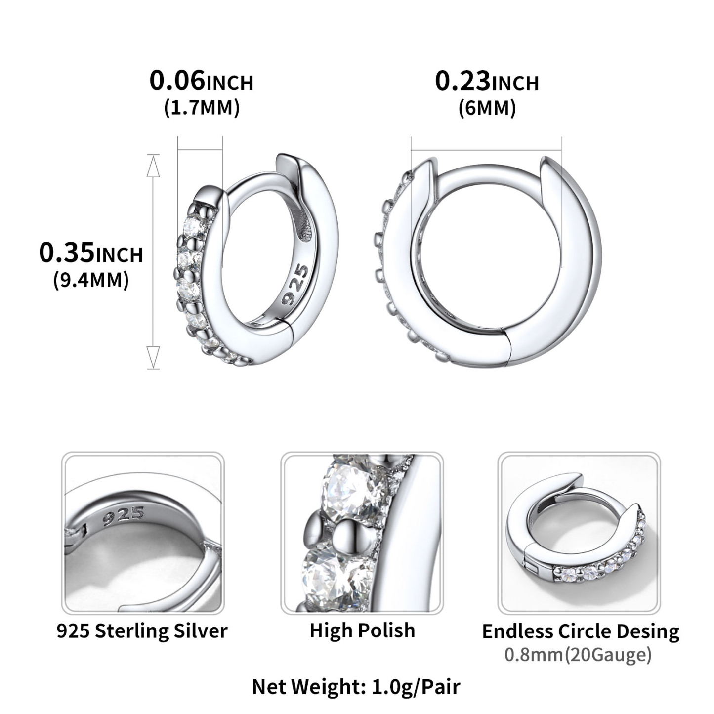 White Gold Plated Silver Small Hoop Earrings for Women