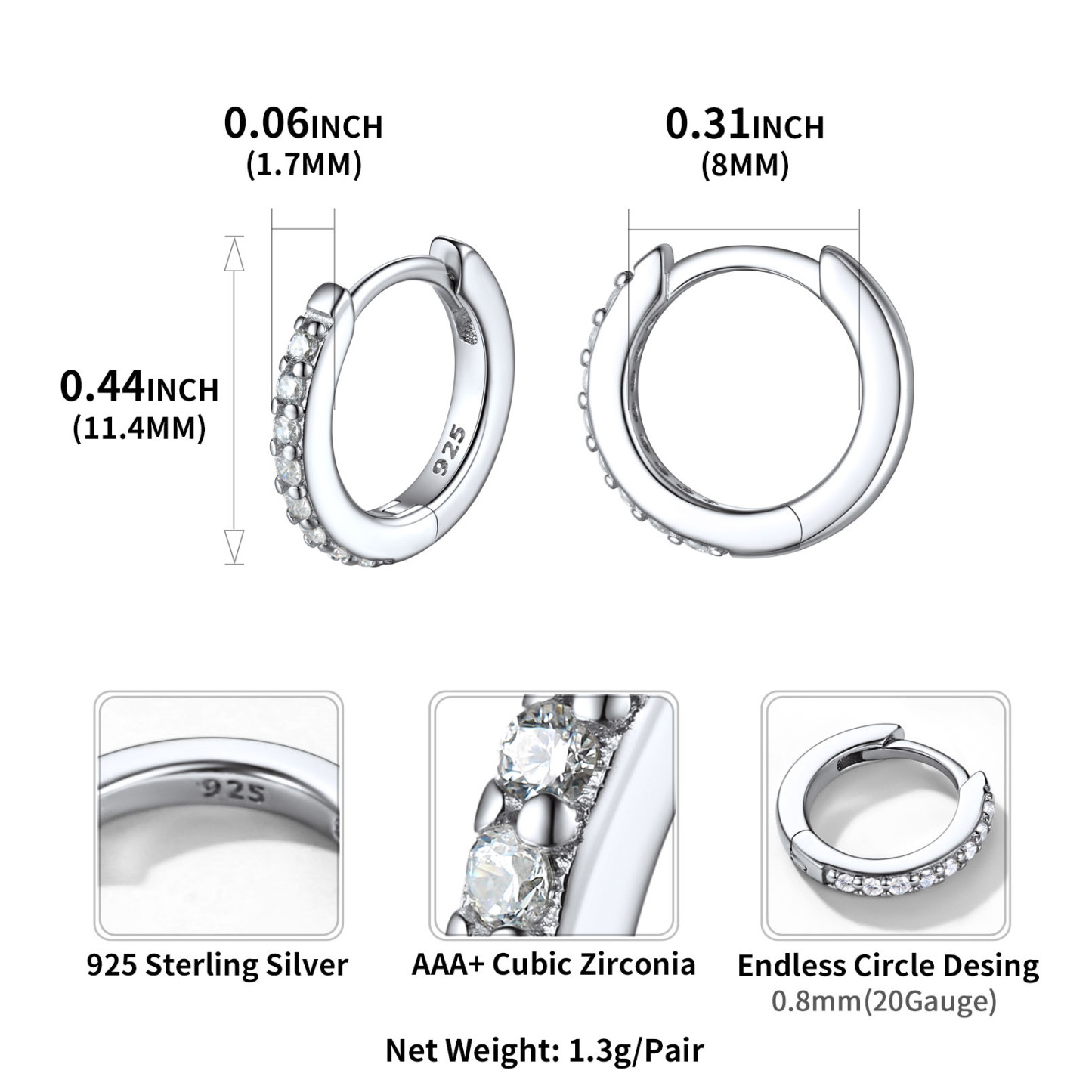 White Gold Plated Silver Small Hoop Earrings for Women