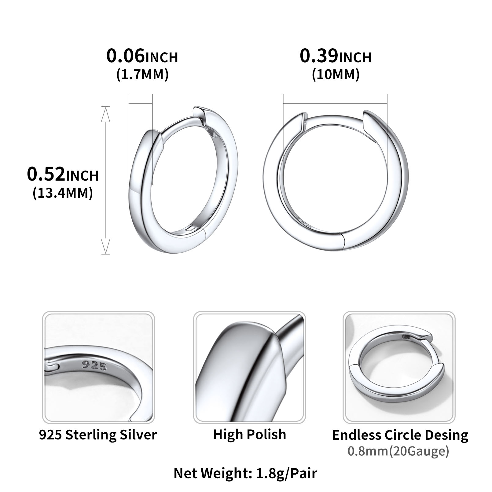 925 Sterling Silver Small Hoop Earrings Cartilage Huggie Earrings