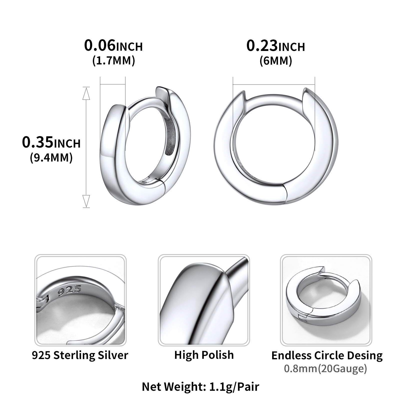925 Sterling Silver Small Hoop Earrings Cartilage Huggie Earrings