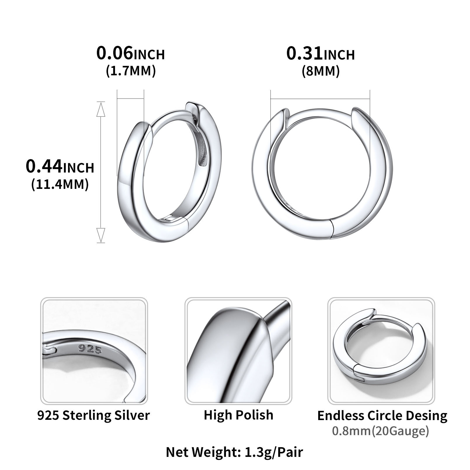 925 Sterling Silver Small Hoop Earrings Cartilage Huggie Earrings