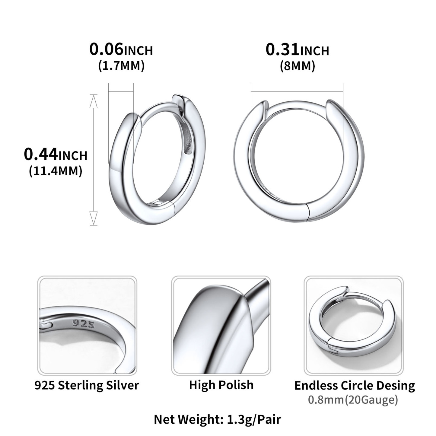 925 Sterling Silver Small Hoop Earrings Cartilage Huggie Earrings