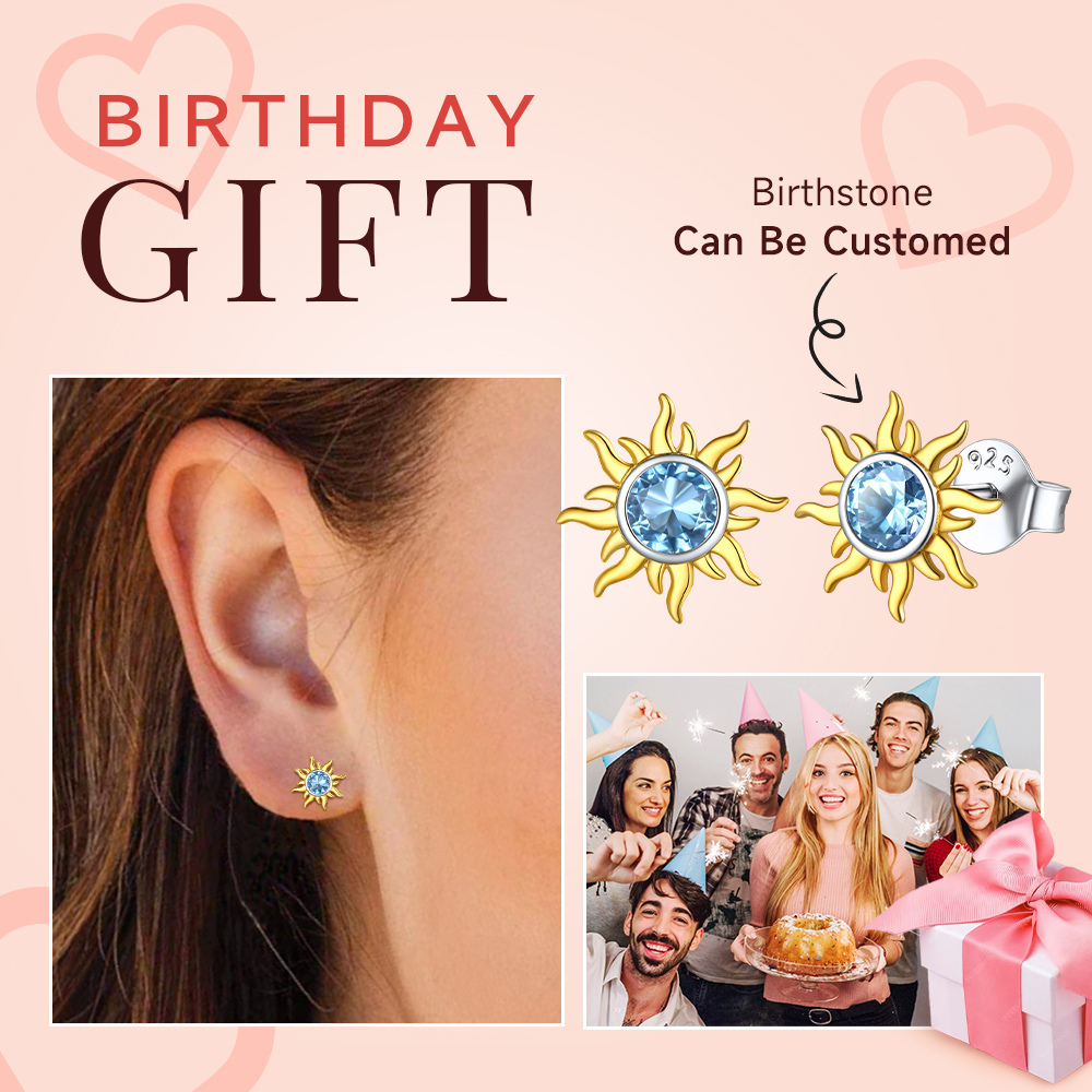  Birthstone Sterling Silver Sun Stud Earrings gift