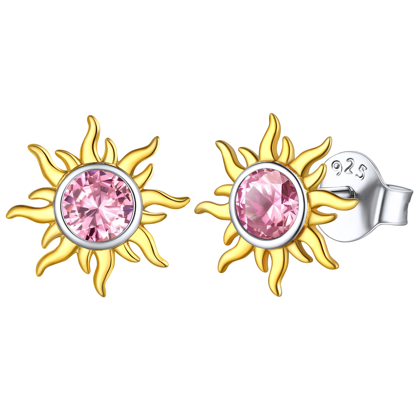  Birthstone Sterling Silver Dainty Small Round Sun Stud Earrings for Women Oct