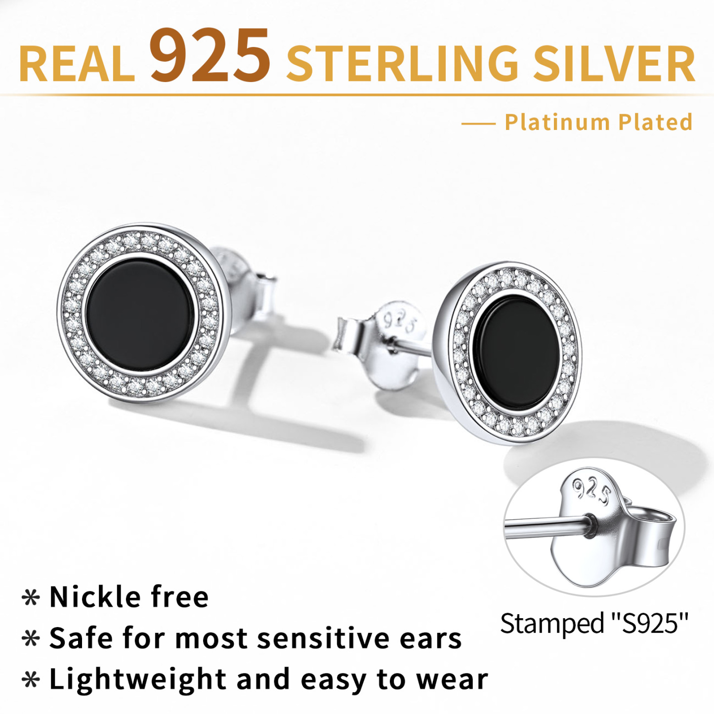 Sterling Silver Black Onyx Stud Earrings With Cubic Zirconia 