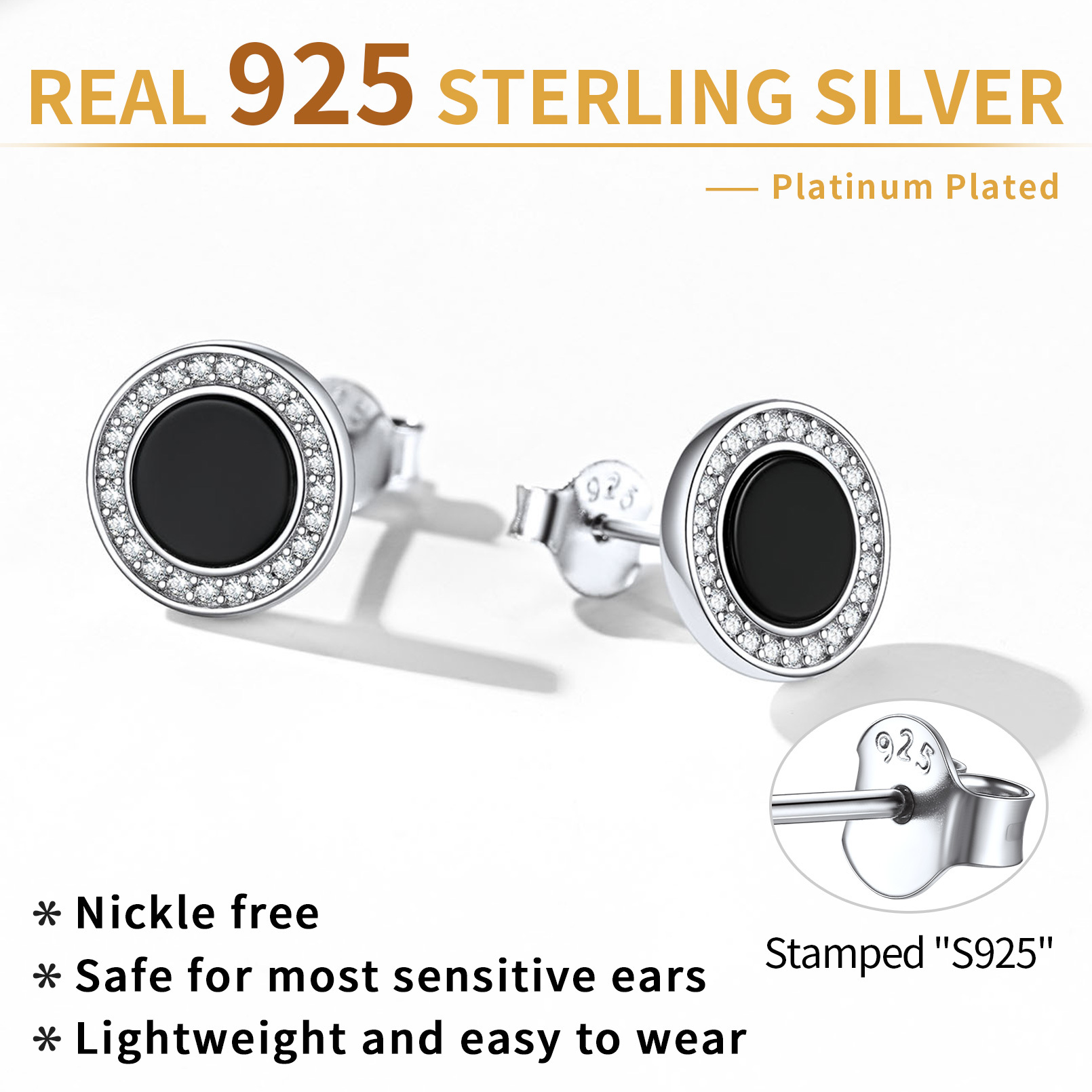 Sterling Silver Black Onyx Stud Earrings With Cubic Zirconia 