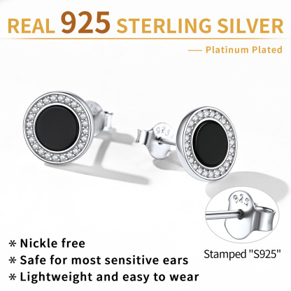 Sterling Silver Black Onyx Stud Earrings With Cubic Zirconia 