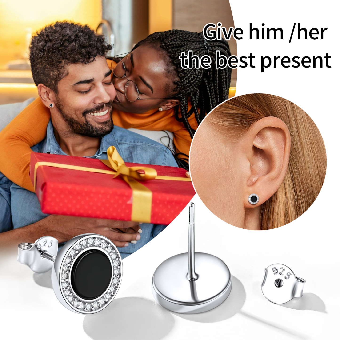 Sterling Silver Black Onyx Stud Earrings With Cubic Zirconia 