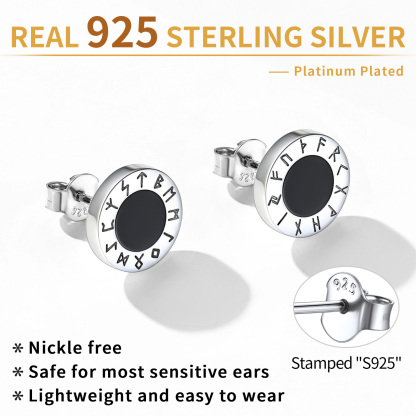 Sterling Silver Viking Rune Black Onyx Stud Earrings detail