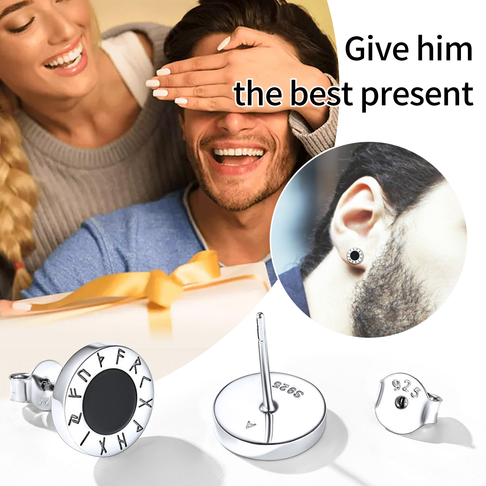 Sterling Silver Viking Rune Black Onyx Stud Earrings gift