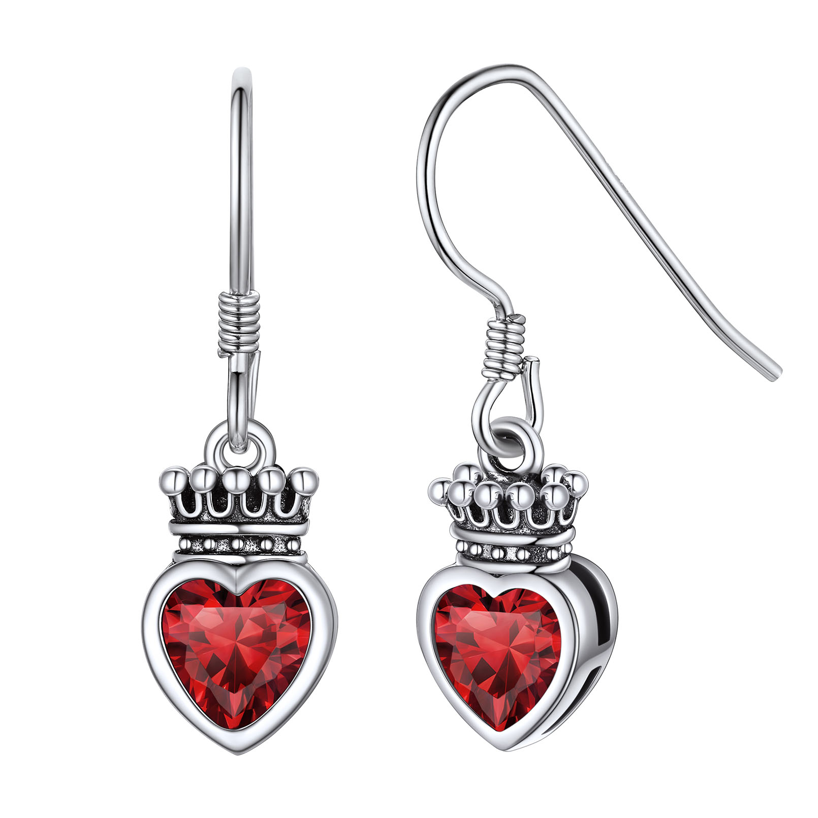 925 Sterling Silver Crown Birthstone Heart Drop Earrings