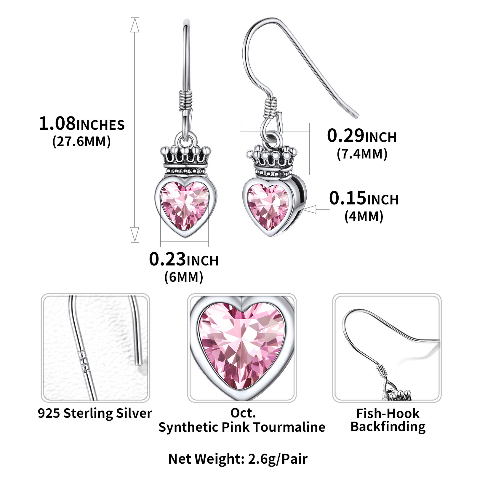 Flash Sale 925 Sterling Silver Crown Birthstone Heart Drop Earrings