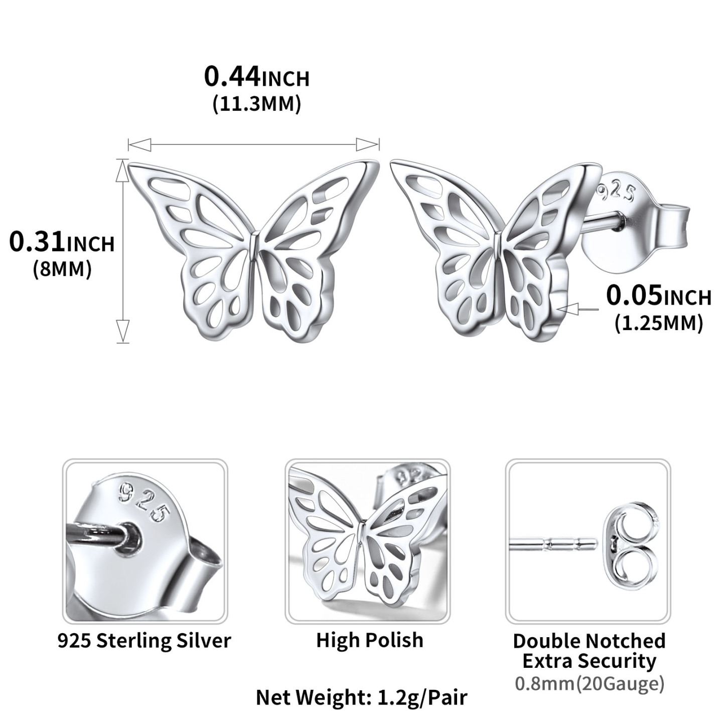 Sterling Silver Dainty Butterfly Stud Earrings For Women SIZE