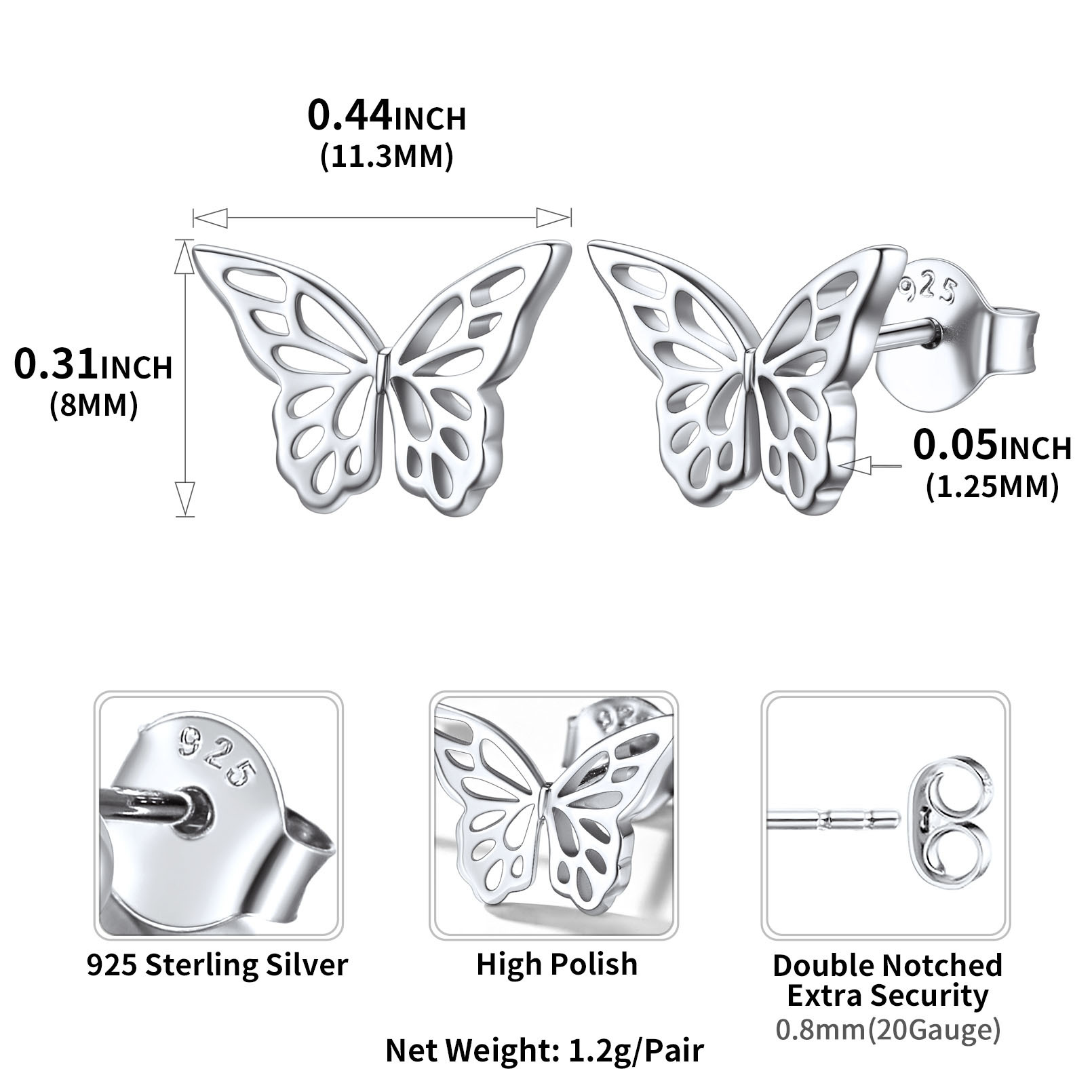 Sterling Silver Dainty Butterfly Stud Earrings For Women SIZE
