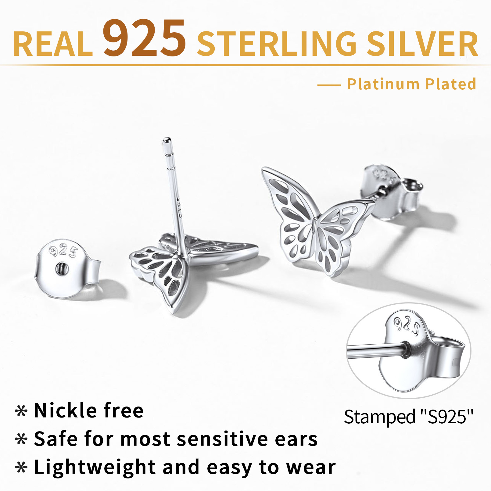 Sterling Silver Dainty Butterfly Stud Earrings 