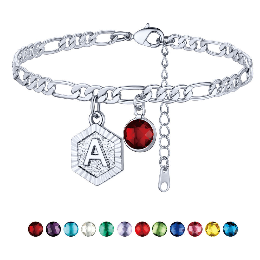 Personalized Figaro Chain Birthstone Initial Charm Anklet Braceeltfor