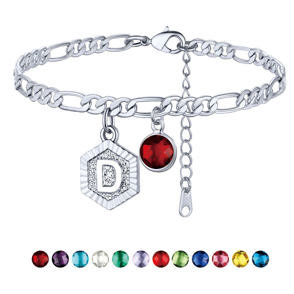 Personalized Figaro Chain Birthstone Initial Charm Anklet Bracelet for Women