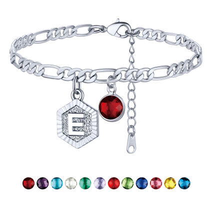 Personalized Figaro Chain Birthstone Initial Charm Anklet Bracelet for Women