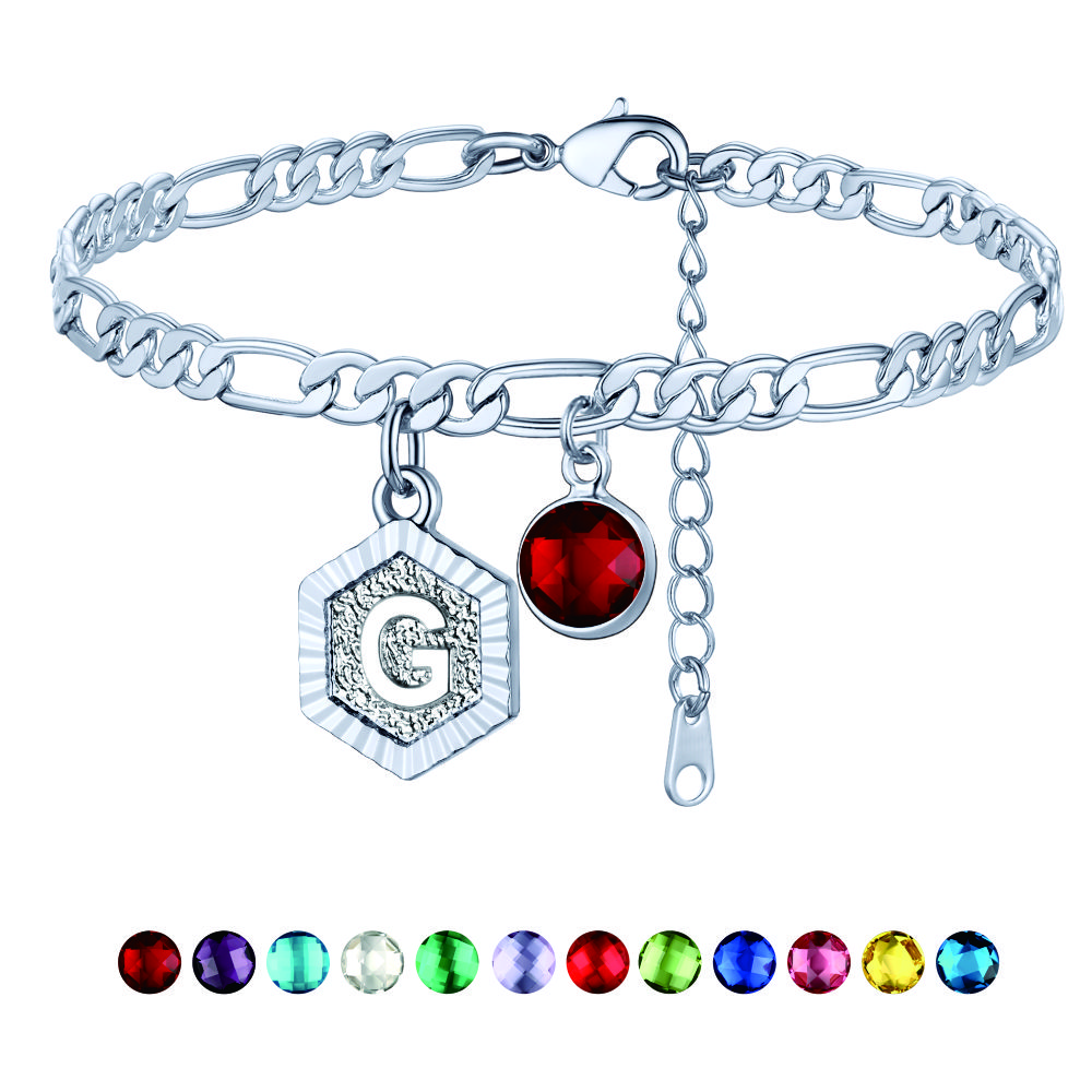 Personalized Figaro Chain Birthstone Initial Charm Anklet Bracelet for Women
