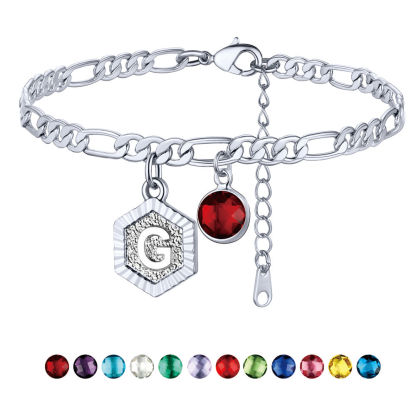 Personalized Figaro Chain Birthstone Initial Charm Anklet Bracelet for Women