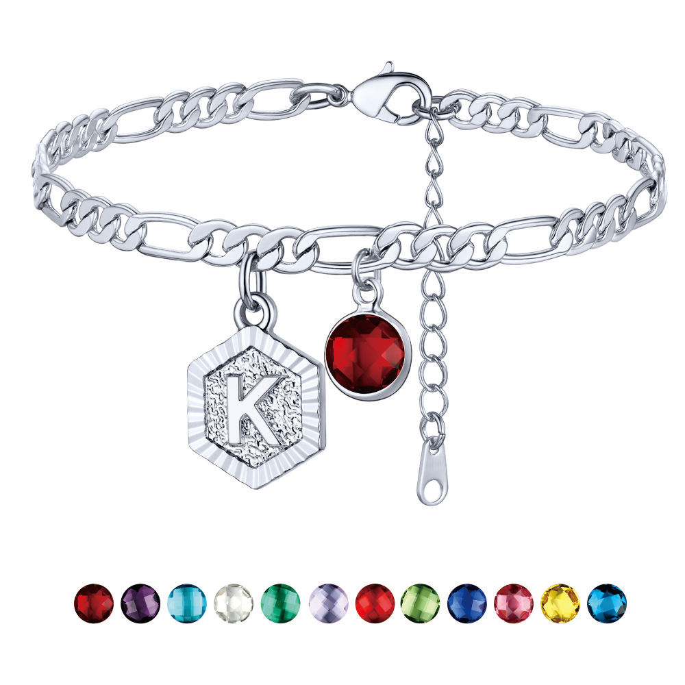 Personalized Figaro Chain Birthstone Initial Charm Anklet Bracelet for Women