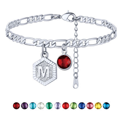 Personalized Figaro Chain Birthstone Initial Charm Anklet Bracelet for Women