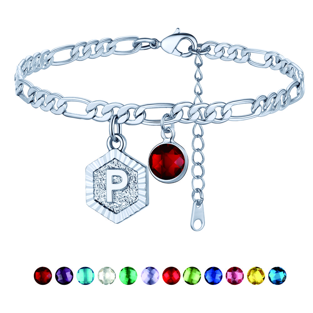 Personalized Figaro Chain Birthstone Initial Charm Anklet Bracelet for Women