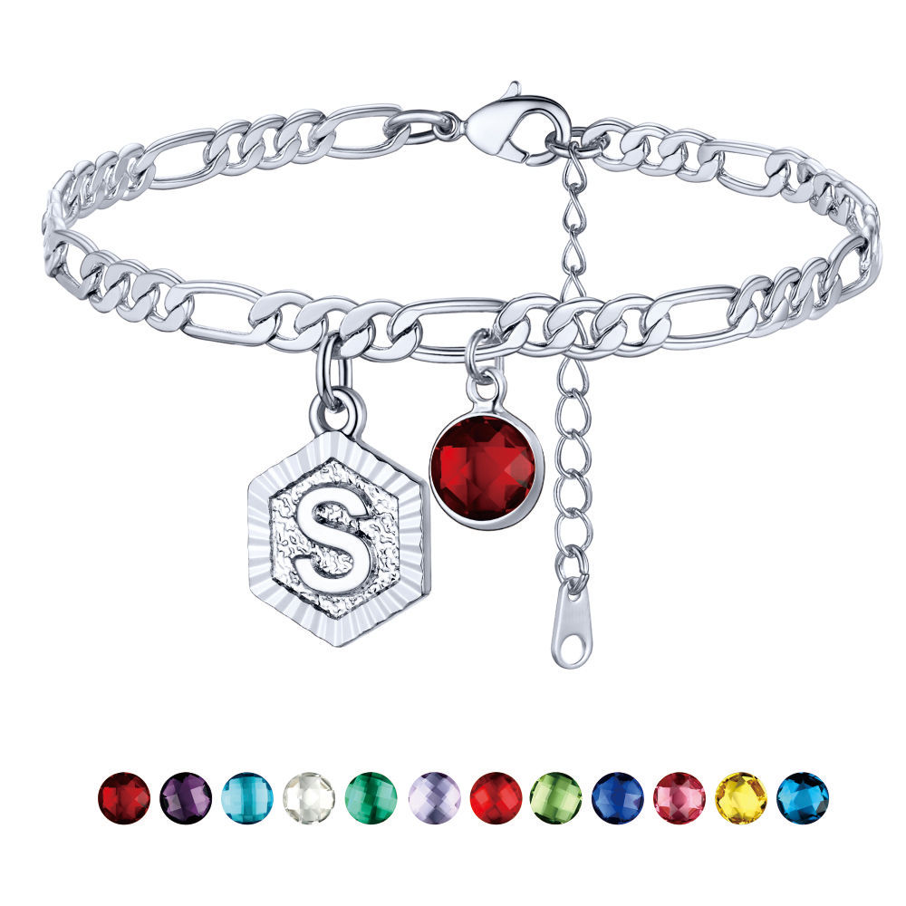 Personalized Figaro Chain Birthstone Initial Charm Anklet Bracelet for Women