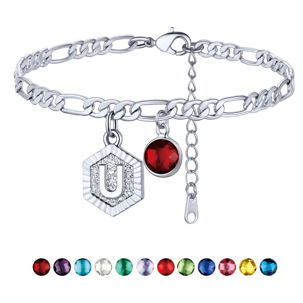 Personalized Figaro Chain Birthstone Initial Charm Anklet Bracelet for Women