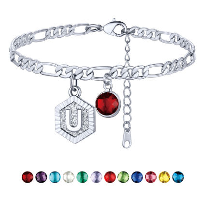 Personalized Figaro Chain Birthstone Initial Charm Anklet Bracelet for Women