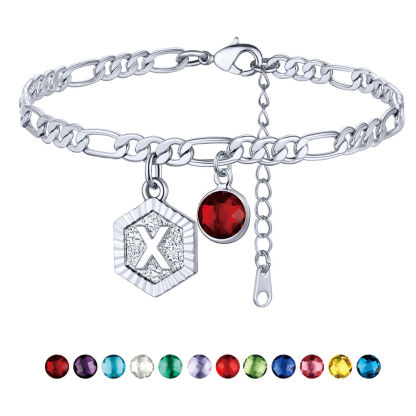 Personalized Figaro Chain Birthstone Initial Charm Anklet Bracelet for Women