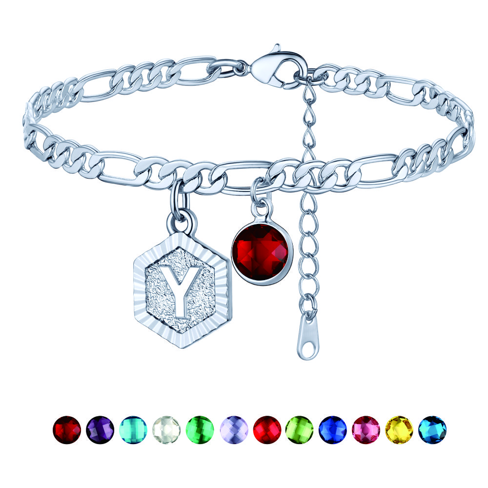 Personalized Figaro Chain Birthstone Initial Charm Anklet Bracelet for Women