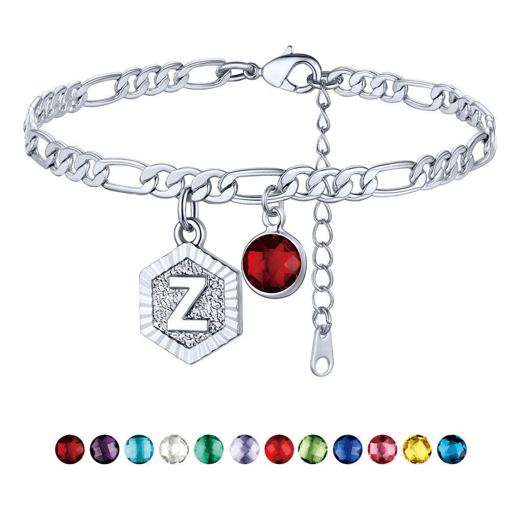 Personalized Figaro Chain Birthstone Initial Charm Anklet Bracelet for Women